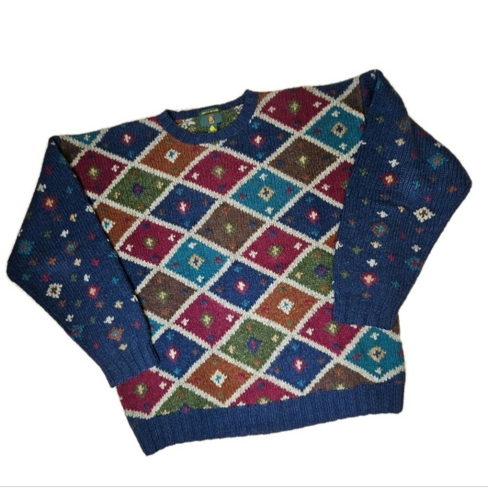Club Room 90s Hand Knit Shetland Wool Colorful  Geometric Diamonds Heavy Sweater